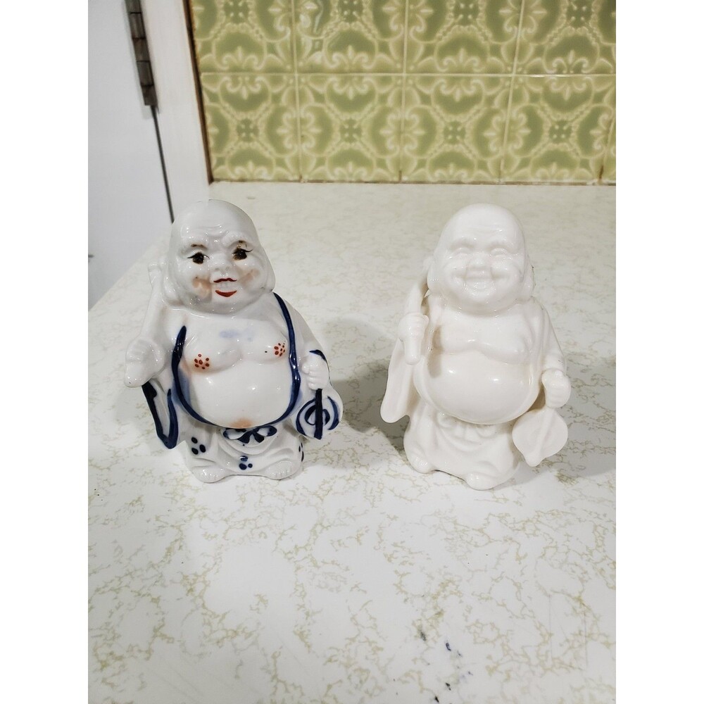 White Porcelain Happy Buddhas Hand Painted Statue Figurines Chinese 4" Figure